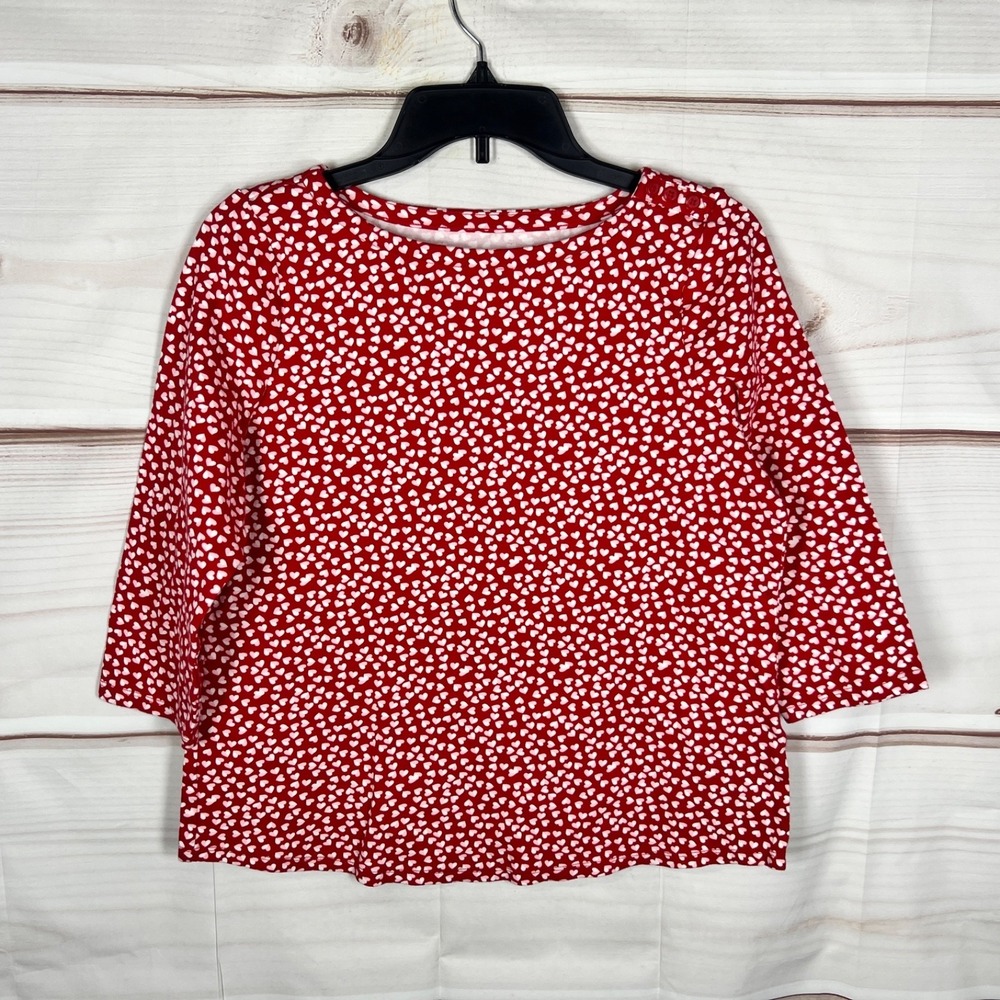 Charter Club Top Womens Large Red Heart Print T-Shirt Pima Cotton Boat Neck Knit